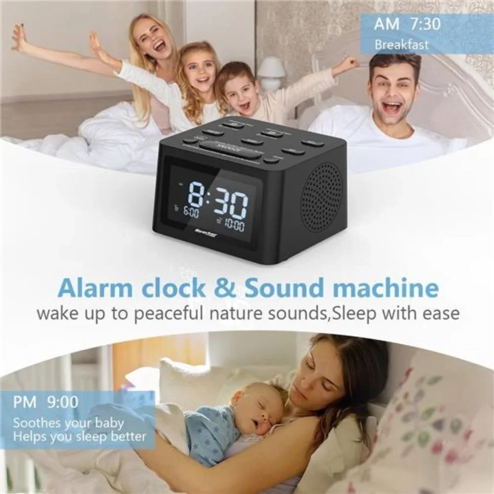 Dual Alarm Clock & Sleep Sound Machine, USB Charger, 12 Soothing Sounds
